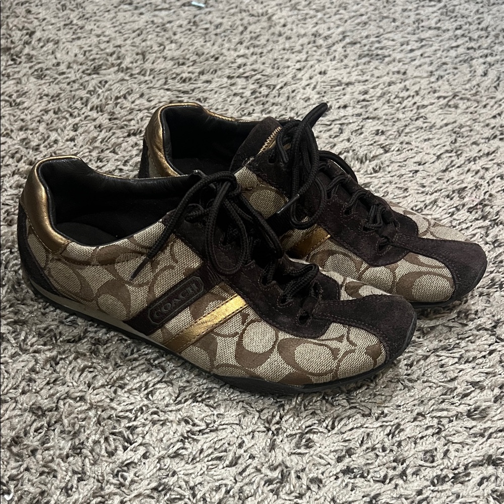 Coach Women's Tan and Gold Sneakers